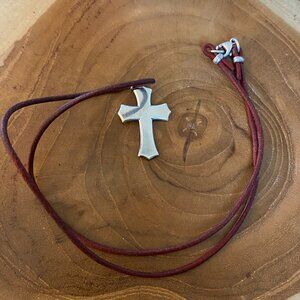 RETIRED James Avery Beveled Cross Red Leather Necklace